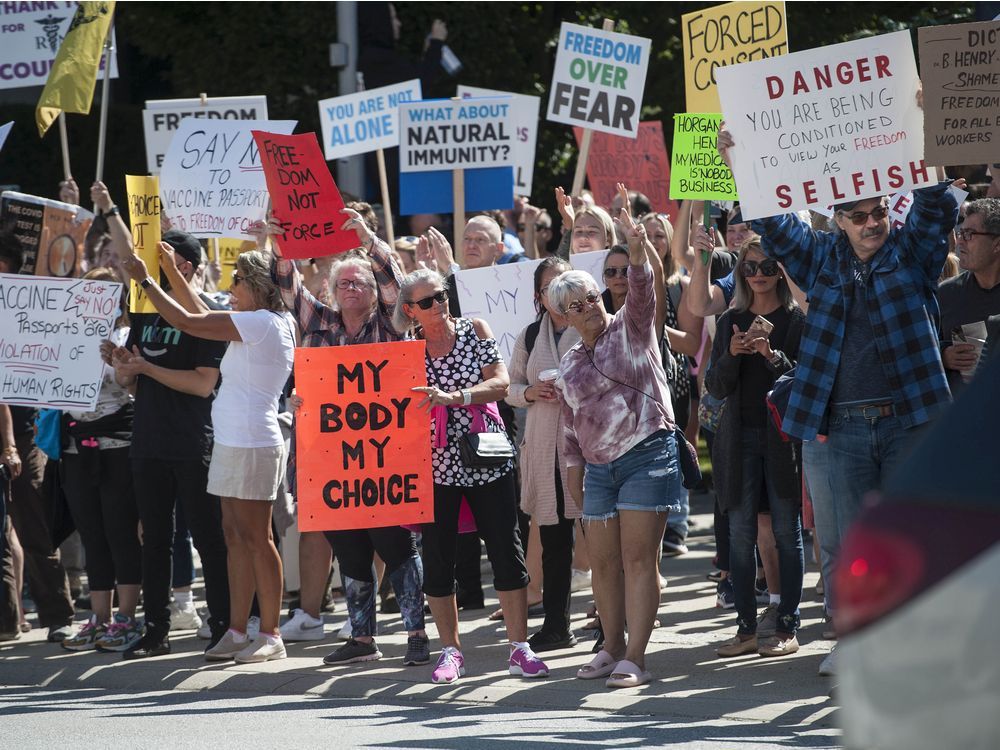 several thousand anti-vaccine protestors converge on vancouver general hospital as part of the world wide walkout for health freedom in vancouver, bc wednesday, september 1, 2021.