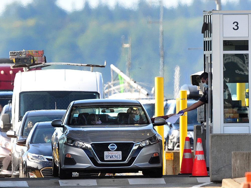 the peace arch border crossing on the first day that fully vaccinated american travellers were allowed to cross into canada, in surrey, on august 9, 2021.