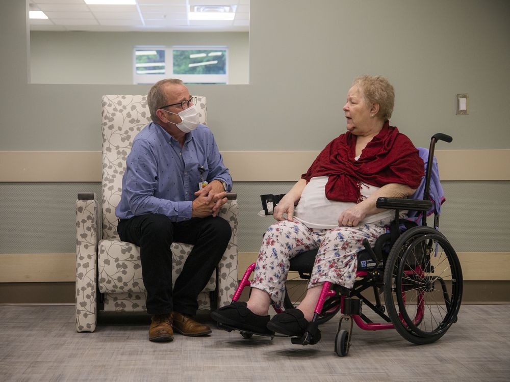 the grove arnprior and district nursing home is getting close to opening their new building and let postmedia in for a tour of the new facility wednesday, september 22, 2021. shane campbell, a ward clerk, along with resident candus stanley took a little tour around the new facility she will be moving into very soon.