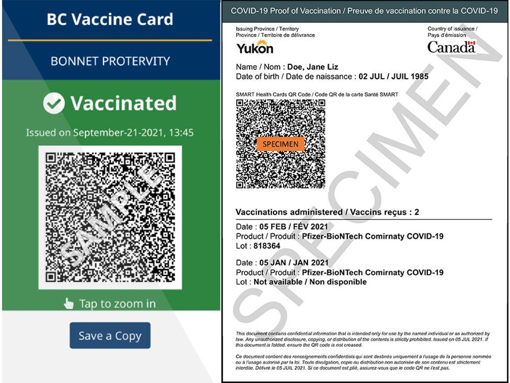 an example of b.c.’s vaccine card, left, and the new federal vaccine card, right.