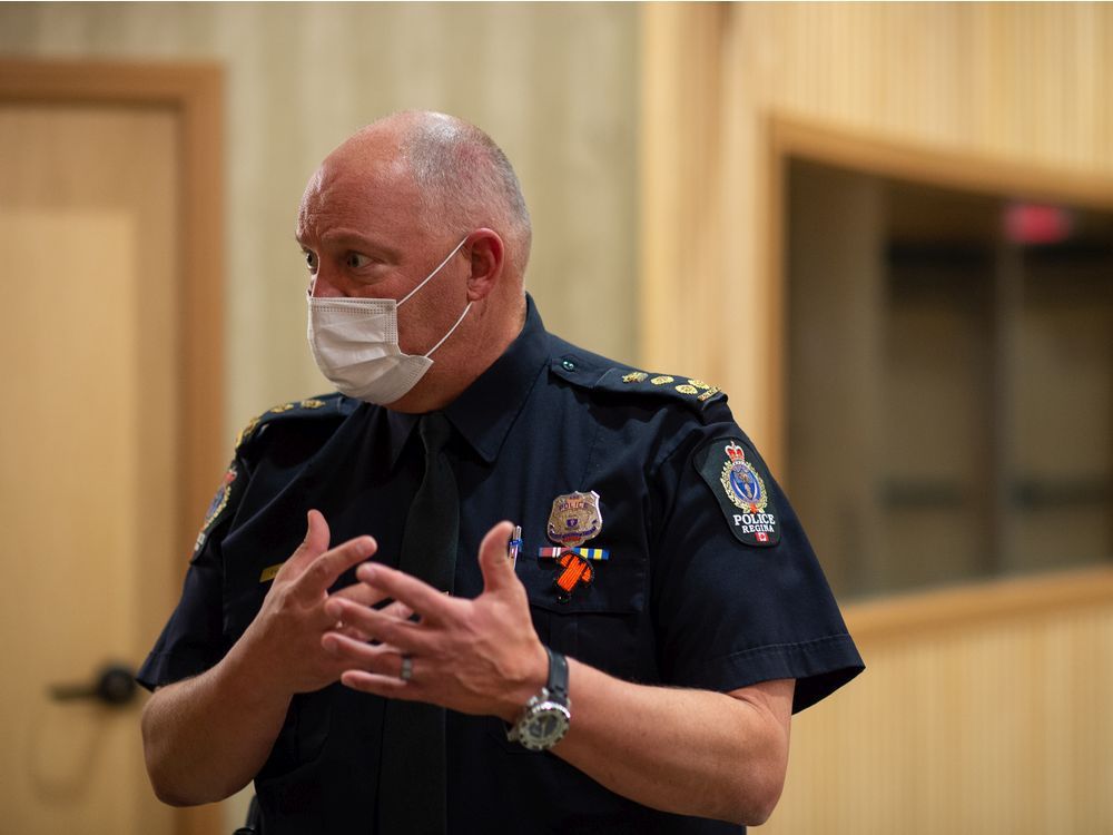 regina police chief evan bray is seen speaking with the leader-post following a board of police commissioners meeting held at city hall in regina, saskatchewan on oct. 4, 2021.