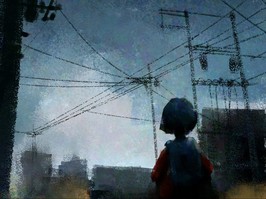 digital watercolor illustration painting set of girl alone at night town.