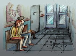 drawing of man and woman sitting in waiting room