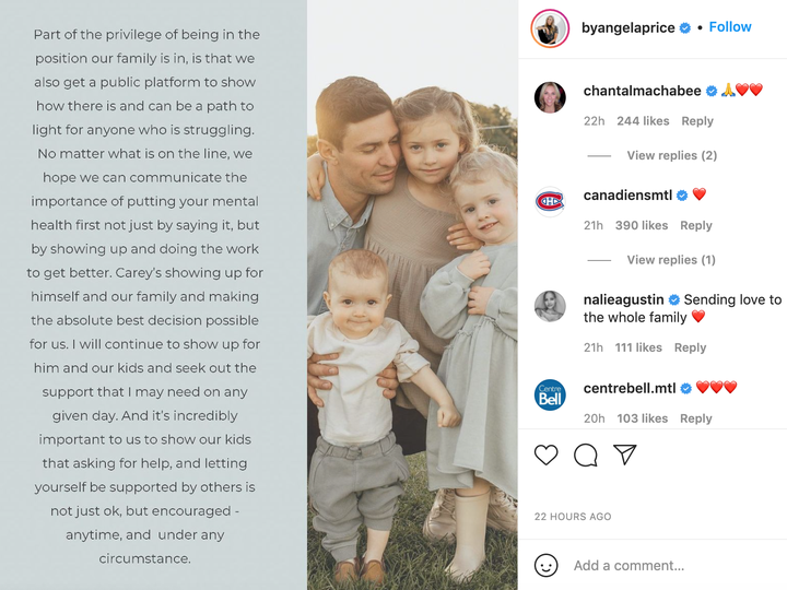  Carey Price’s wife Angela posted a message of support on Instagram. (Instagram / @byangelaprice)