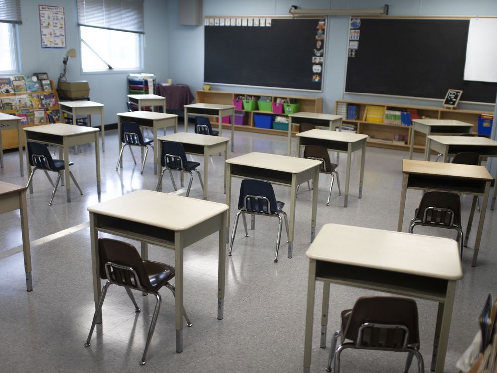 an empty classroom at st. anne french immersion catholic elementary school is seen in this 2020 file photo.