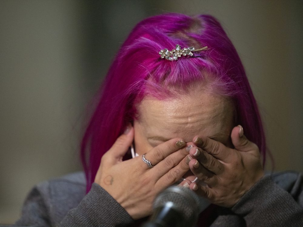 eden janzen, a 25-year-old on dialysis and waiting for a kidney transplant, speaks to reporters at the legislative building on wednesday, november 17, 2021 in regina.