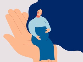 A sad pregnant woman needs prenatal care and support.