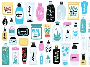 Vector set of isolated cosmetic products. Natural cosmetics. Beauty care. Flat hand drawn elements