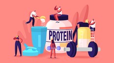 Tiny Characters Drinking Protein Cocktails from Shaker. Sportive Nutrition, Healthy Lifestyle. People Pumping Muscles