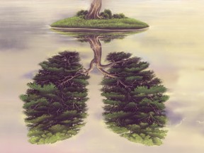 Conceptual art, Nature life and environmental concept. surreal landscape of lung tree island, painting artwork, imagination illustration, conceptual art