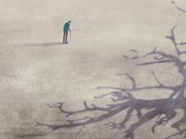 Old man alone with shadow of tree, conceptual art, surreal artwork, life lonely sadness and solitude concept, , painting illustration