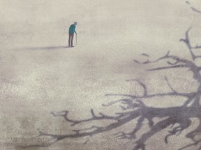 Old man alone with shadow of tree, conceptual art, surreal artwork, life lonely sadness and solitude concept, , painting illustration