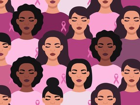 Breast cancer awareness month vector illustration. Different ethnicity women with pink ribbon seamless pattern.