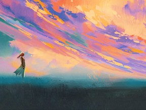 man and woman standing opposite of each other against colorful sky,illustration painting