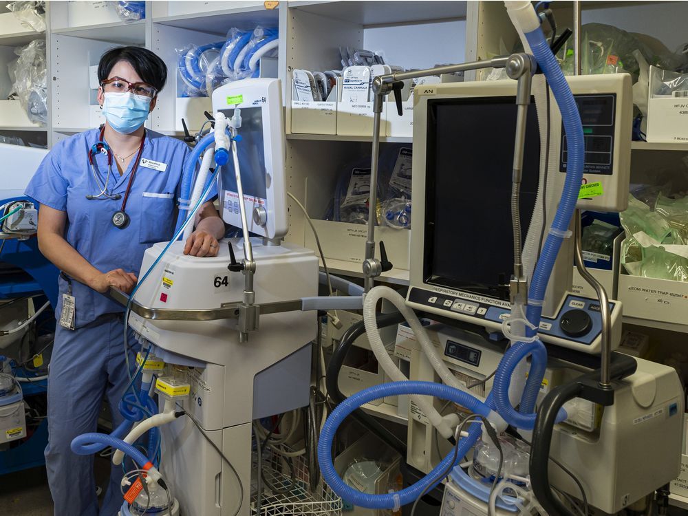 serafina chau, a veteran respiratory therapist at royal columbian hospital in new westminster, with respirators critical for care of patients with severe covid-19.