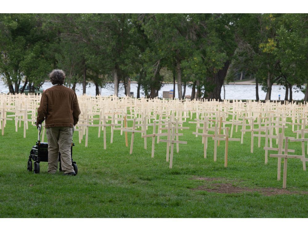 Row upon row of wooden crosses meant to represent the lives lost in Saskatchewan to drug overdose.