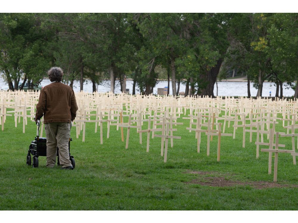 row upon row of wooden crosses meant to represent the lives lost in saskatchewan to drug overdose.