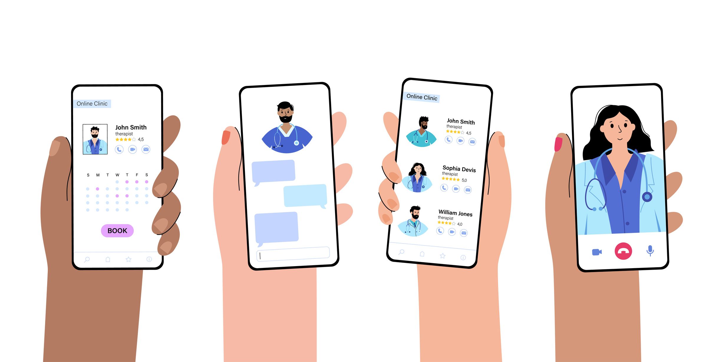 Hands holds phones with online clinic app. Booking doctors. Team of specialists is ready to help. Flat vector illustration. Medical poster, consult from home. Adult male and female cartoon characters