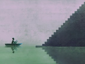 Success ambition hope and dream concept. Surreal artwork. woman on boat with staircase, business background illustration. painting artwork. art