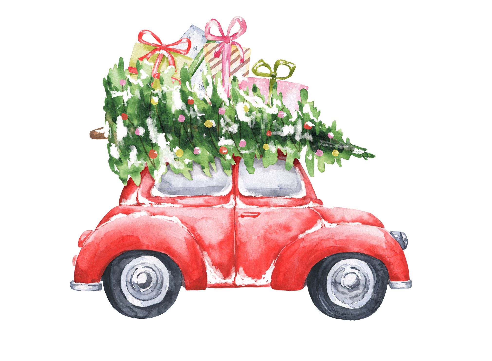 Watercolor Christmas tree with red car and present boxes on white background.