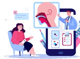 Online ENT-Doctor Consultate Patient.Inflammation,Nose,Throat.Tonsilis,Sore Throat,Larynx,Angina,Sinusitis Digital Treatment. ORL Clinic. Internet Home Medical Hospital Diagnostics.Vector Illustration