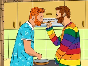 Two young handsome gay couple cook at home in the kitchen. App users need more education when it comes to sexual health.