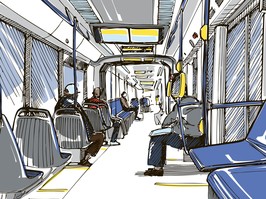 Looking along inside the long modern city train. Air in public transit vehicles is regularly circulated by intakes at the top of the cars and vents at the bottom near the window seats.