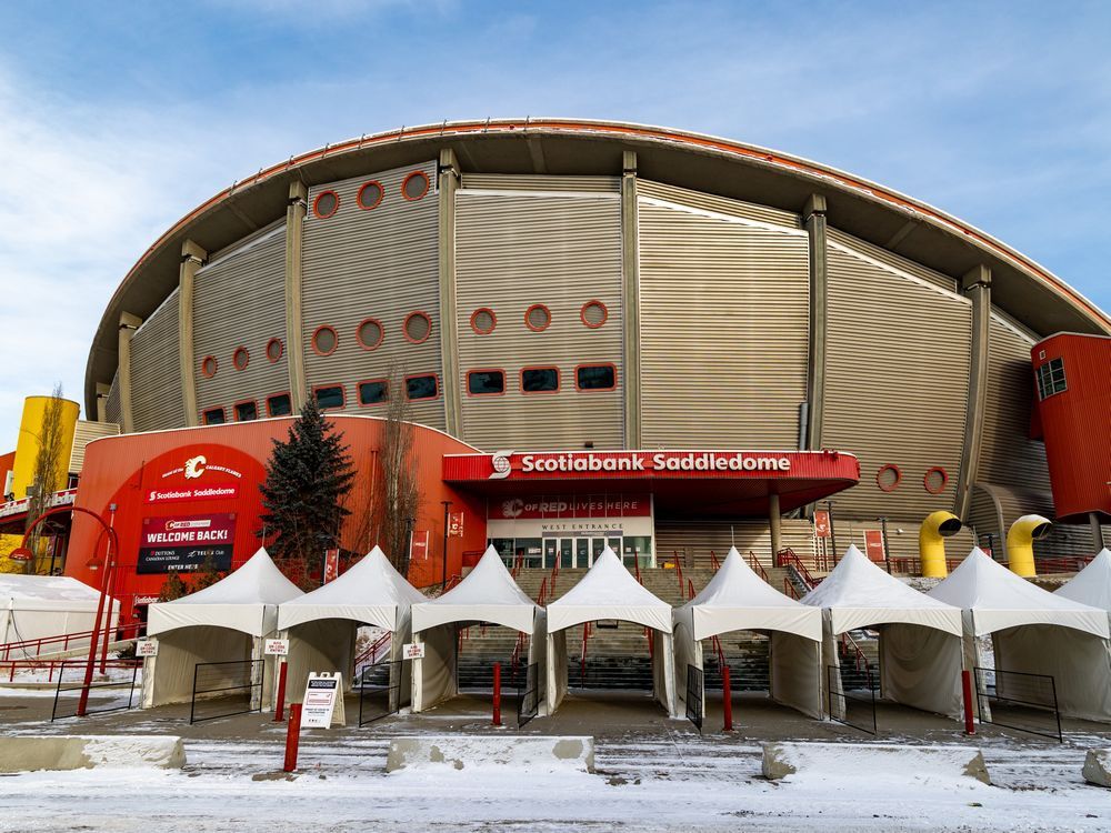 the scotiabank saddledome, home of the calgary flames, is pictured on wednesday, dec. 15, 2021, after a covid-19 outbreak was detected in the organization.