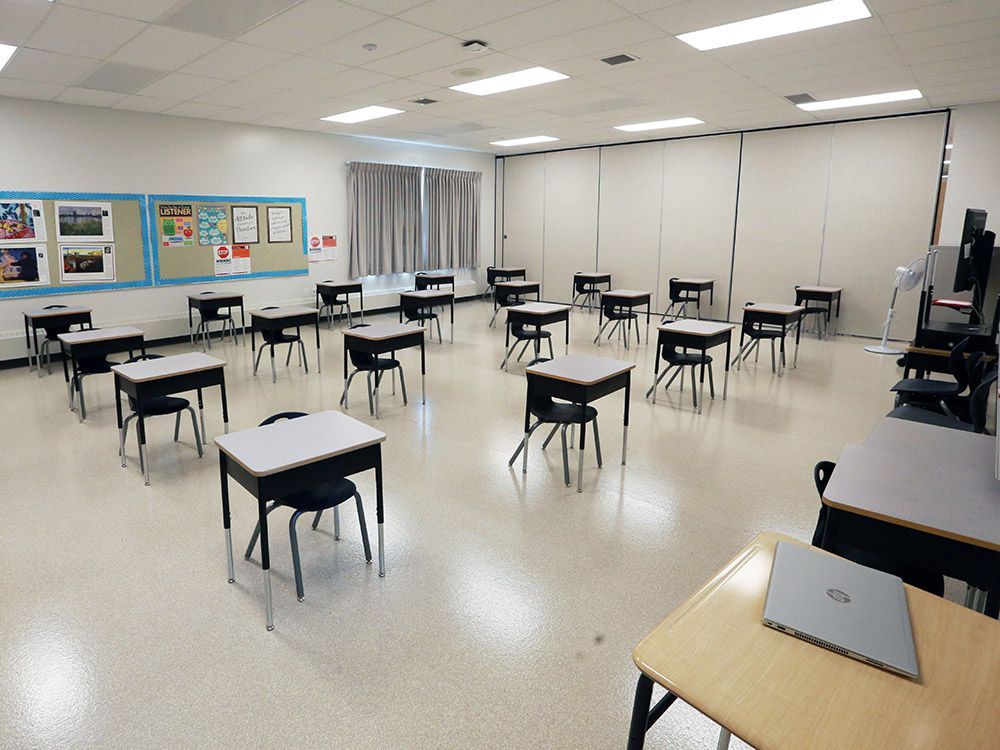 desks in a classroom at st. marguerite school in new brighton on aug. 25, 2020.