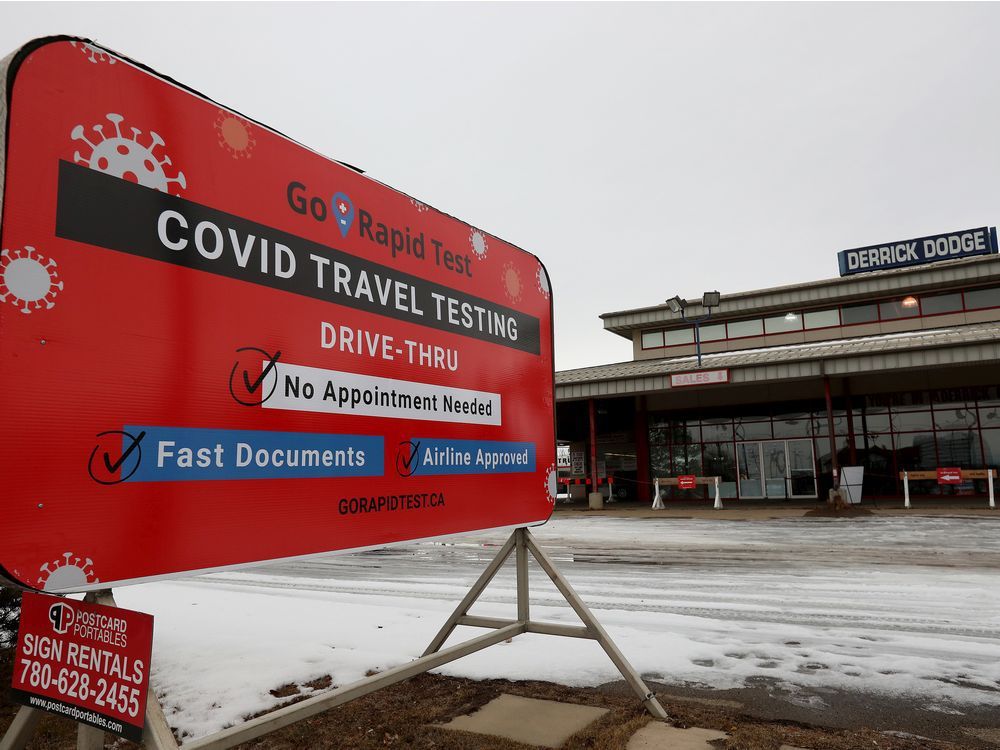 The former Calgary Trail Derrick Dodge car dealership location has been turned into a drive thru COVID-19 travel testing business on Wednesday, Dec. 1, 2021. The Go Rapid Test is located at 6311 104 St.
