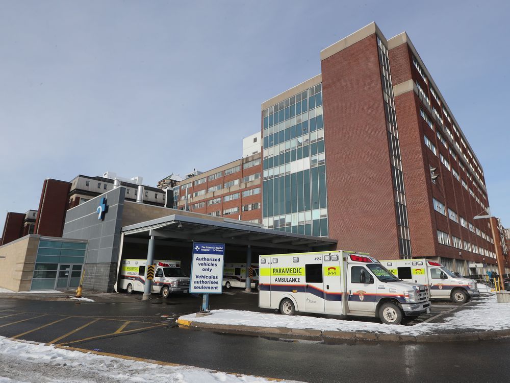 Files: Ambulances in line at the Civic Campus of The Ottawa Hospital.