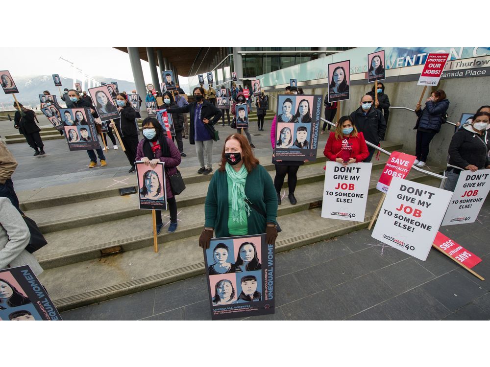 women's day rally at jack poole plaza in vancouver on march 8.