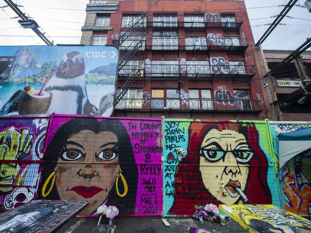 a memorial for overdose prevention society workers shannon kelly, left, and joy phelps, who died of a toxic drug overdose.