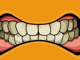 cartoon grinning mouth with clenched teeth on a yellow background