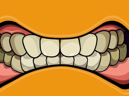 cartoon grinning mouth with clenched teeth on a yellow background