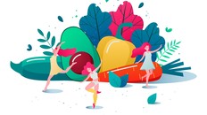 women dancing in front of vegetables