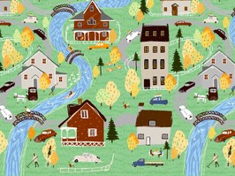 Dementia villages are communities of care designed to give their residents freedom and choice within a safe and supporting environment. landscape and nature. Vector cute panorama illustration of a village, houses, trees, cars and people. Drawing for background, card or poster.