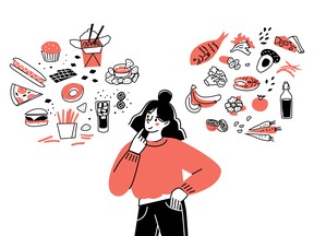 Girl character chooses between healthy and unhealthy food. Comparing fast food and balanced menu. The concept of a healthy diet. Vector illustration.