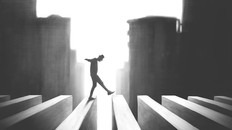 illustration of man crossing surreal road, risk concept black and white