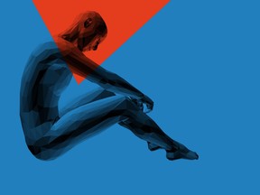 Frustrated man in depression sitting on floor, looking down and thinking. Psychological disease concept. Lonely person. 3D vector illustration.