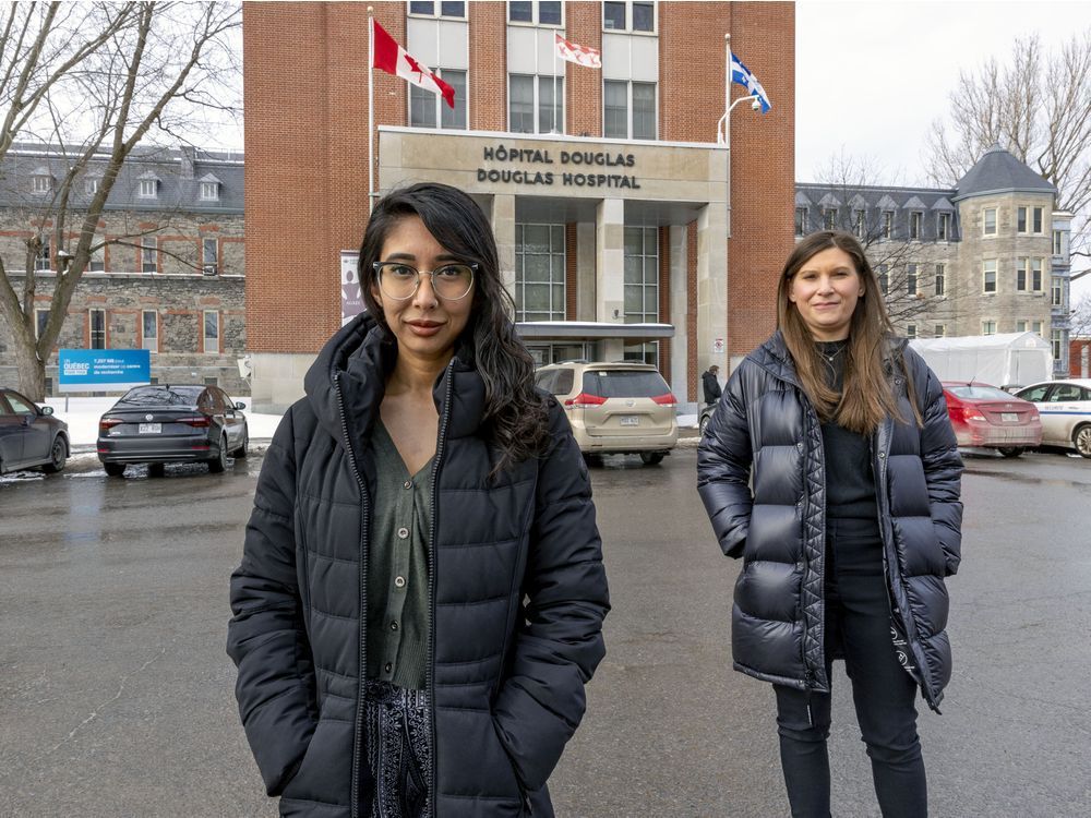 sabiha shareef, left, and carly kalichman on the grounds of the douglas hospital in verdun. it has been a particularly daunting time for workers in the mental-health field.