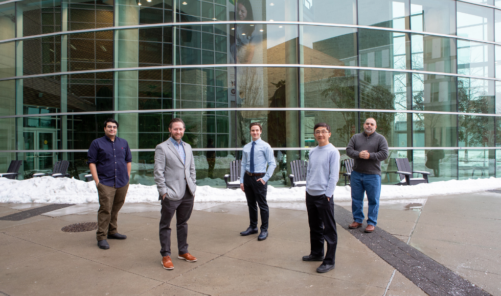 From left to right: Researcher Sam Afkhami, study co-lead Matthew Miller, researcher Michael D’Agostino, and study co-leads Zhou Xing and Brian Lichty outside the Michael DeGroote Centre for Learning and Discovery at McMaster University. Georgia Kirkos/McMaster University. BRIGHTER WORLD, MCMASTER UNIVERSITY