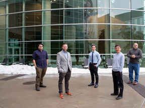 From left to right: Researcher Sam Afkhami, study co-lead Matthew Miller, researcher Michael D’Agostino, and study co-leads Zhou Xing and Brian Lichty outside the Michael DeGroote Centre for Learning and Discovery at McMaster University. Georgia Kirkos/McMaster University. BRIGHTER WORLD, MCMASTER UNIVERSITY