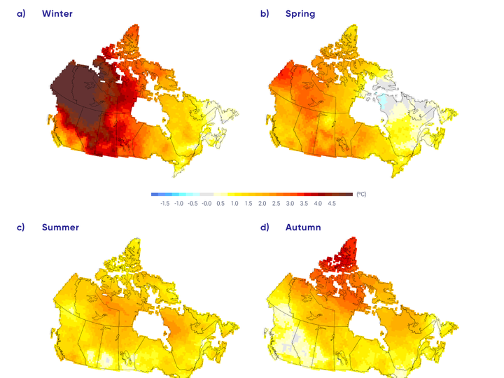  Change in mean seasonal temperatures, from 1948 to 2016 for four seasons (Zhang et al., 2019 via Health in a Changing Climate)