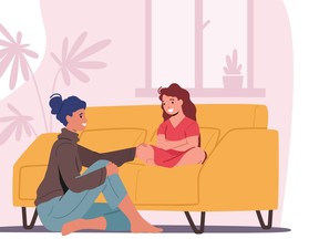 Mother and Daughter Sitting on Sofa in Living Room Telling Secrets. Mom and Girl Talking, Parent Character Support Child