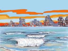 sea and post-apocalyptic landscape, graphic color sketch