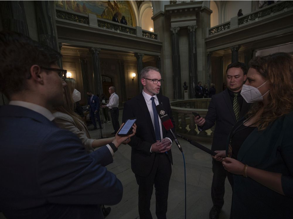 A file photo of Everett Hindley, the Minister of Mental Health and Addictions, speaking to reporters on budget day.