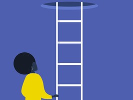 Young black female character holding a ladder. Going up. Successful career. Opportunities. Conceptual vector illustration, clip art