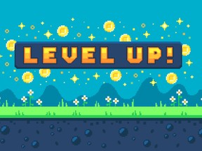 Pixel art design with outdoor landscape background.
