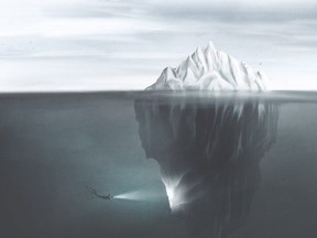 illustration of scuba diver with torch illuminating the dark side of the iceberg underwater, surreal mind concept